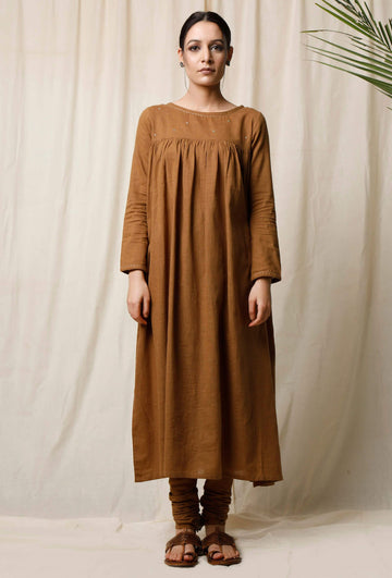 Khaki Cotton Slub Gathered Kurta